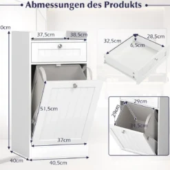 Kippbarer Wäscheschrank freistehender Badezimmerschrank mit Regal Schublade Weiß