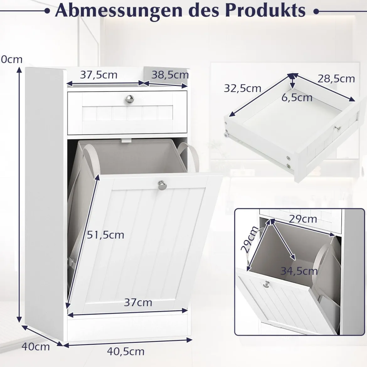 Kippbarer Wäscheschrank freistehender Badezimmerschrank mit Regal Schublade Weiß