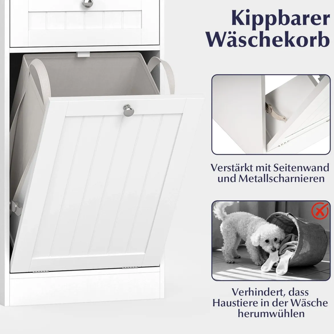 Kippbarer Wäscheschrank freistehender Badezimmerschrank mit Regal Schublade Weiß