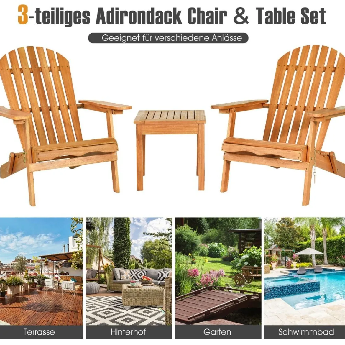 Klappbare Adirondack Stühle mit Tisch 2er Set Adirondack Chairs aus Eukalyptusholz Natürlich