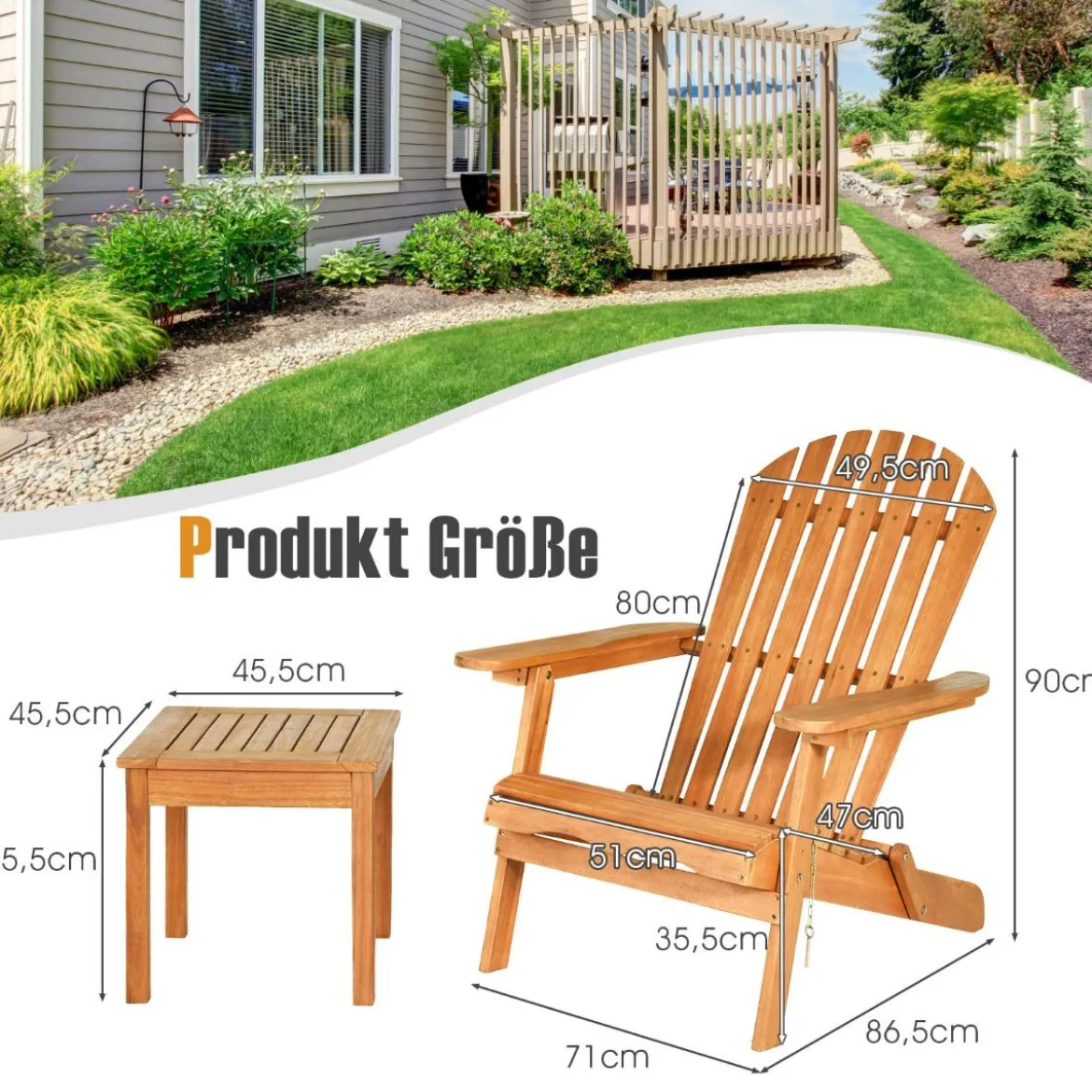 Klappbare Adirondack Stühle mit Tisch 2er Set Adirondack Chairs aus Eukalyptusholz Natürlich