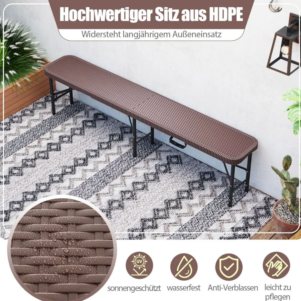 Klappbare Bierbank in Rattanoptik mit Tragegriff Klappbank Bierzeltbank Campingbank Schwarz/Braun