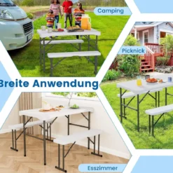 Klappbare Bierzeltgarnitur inkl. 2Bierbänke & 1Biertisch 3-teilige Biertischgarnitur Weiß