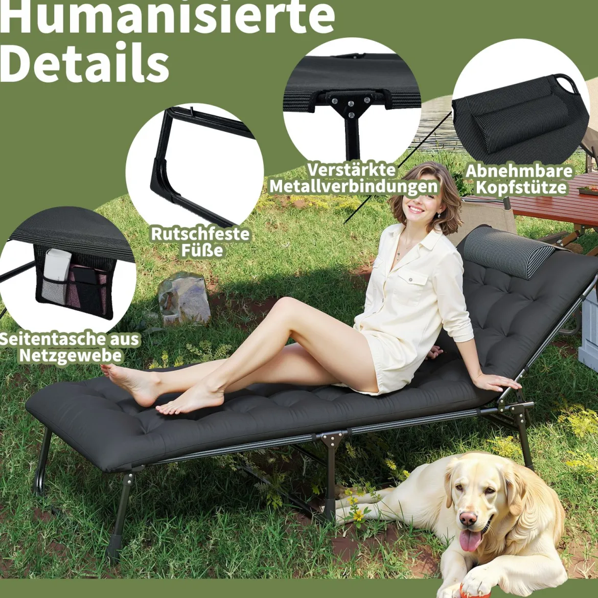 Klappbare Campingliege Feldbett mit abnehmbare gepolsterte Matratze verstellbares Campingbett Schwarz