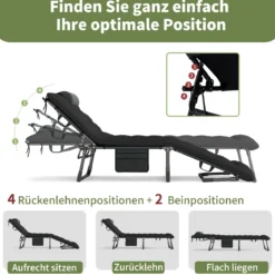 Klappbare Campingliege Feldbett mit abnehmbare gepolsterte Matratze verstellbares Campingbett Schwarz