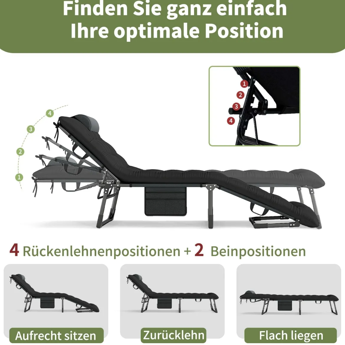 Klappbare Campingliege Feldbett mit abnehmbare gepolsterte Matratze verstellbares Campingbett Schwarz