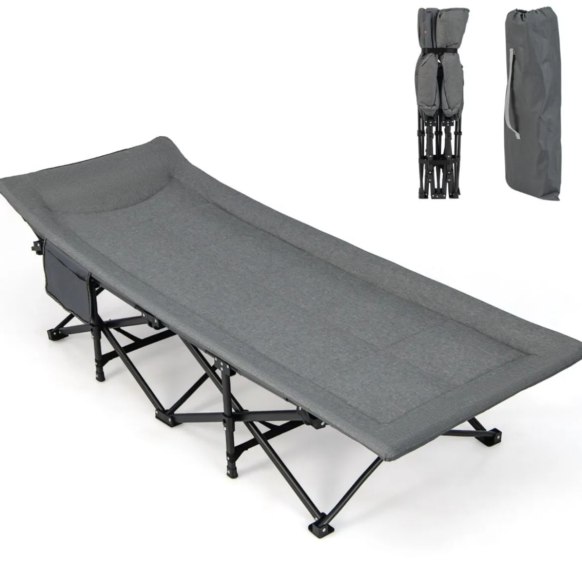 Klappbare Campingliege mit Seitentasche Feldbett bis 200 kg Belastbar Gästebett Grau