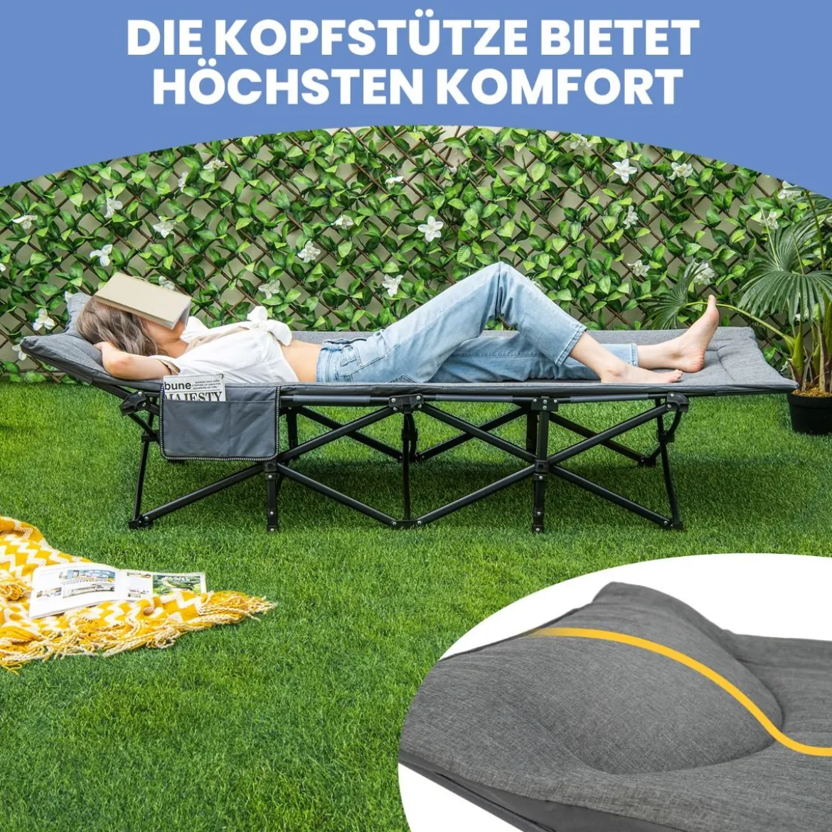 Klappbare Campingliege mit Seitentasche Feldbett bis 200 kg Belastbar Gästebett Grau