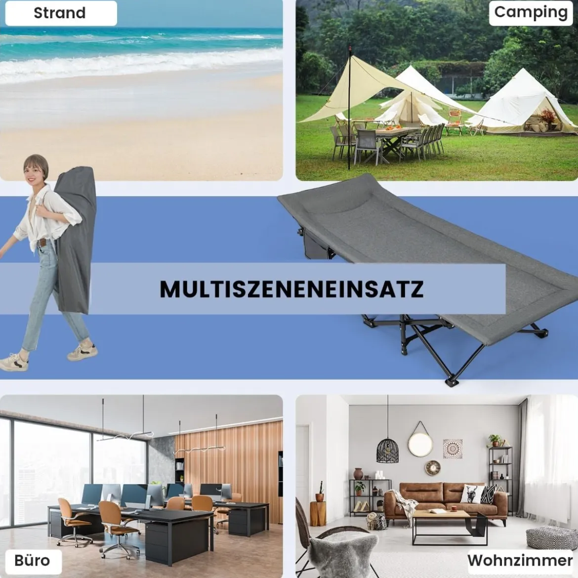 Klappbare Campingliege mit Seitentasche Feldbett bis 200 kg Belastbar Gästebett Grau