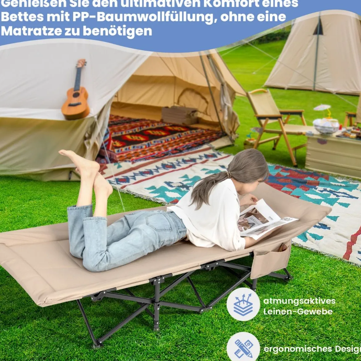 Klappbare Campingliege mit Seitentasche Feldbett bis 200 kg Belastbar Gästebett Khaki