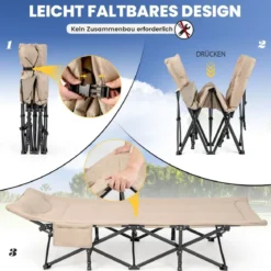 Klappbare Campingliege mit Seitentasche Feldbett bis 200 kg Belastbar Gästebett Khaki