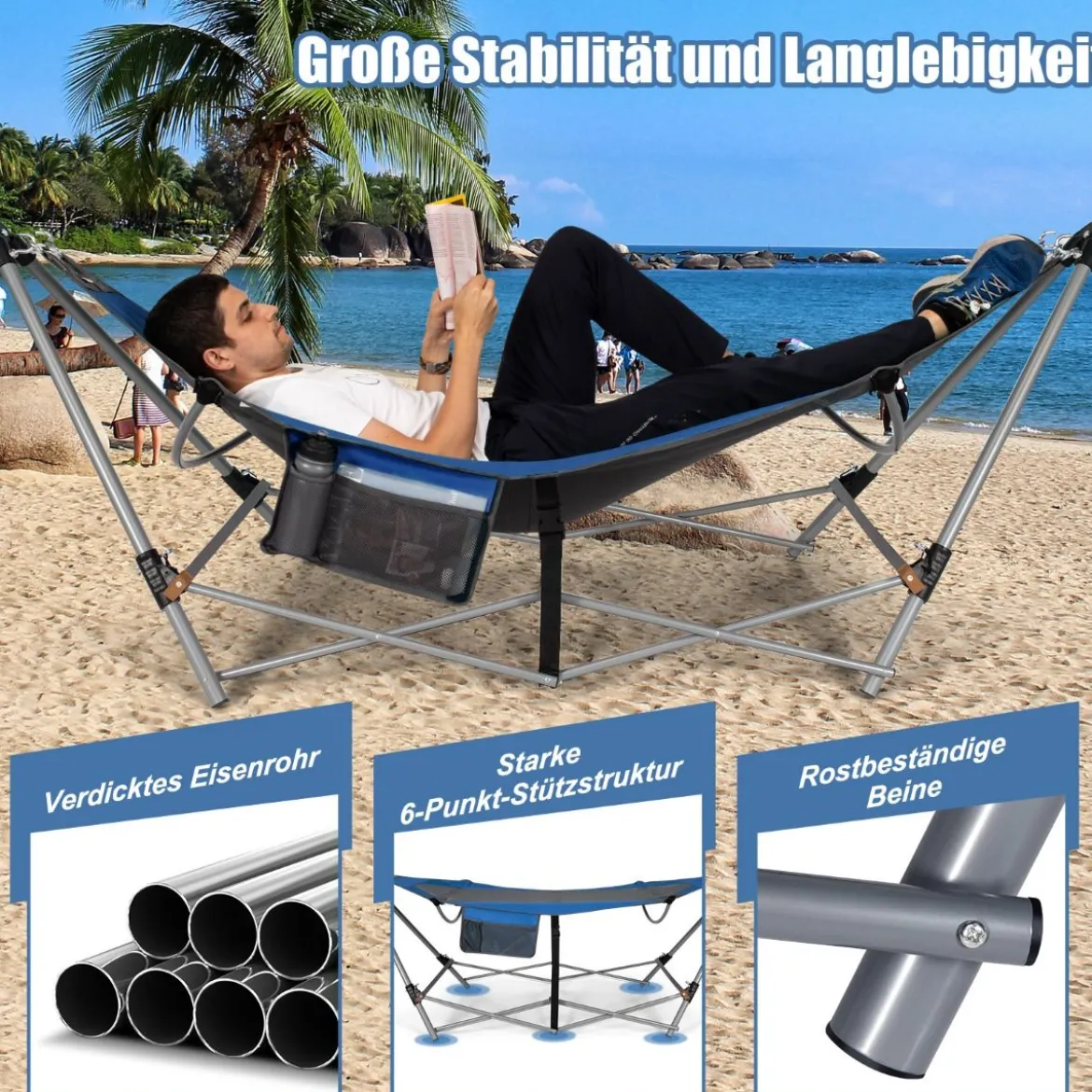 Klappbare Hängematte mit Gestell und Seitentasche Hängemattengestell bis 150 kg belastbar Blau