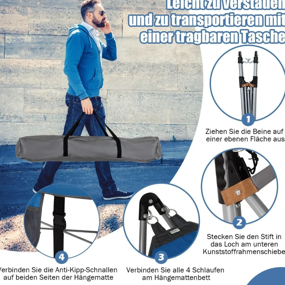Klappbare Hängematte mit Gestell und Seitentasche Hängemattengestell bis 150 kg belastbar Blau