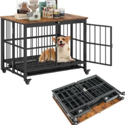 Klappbare Hundehütte mit Rollen & Ausnehmbarem Tablett & Abschließbarer Tür 2 in 1 Beistelltisch Hundebox