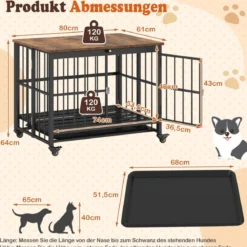 Klappbare Hundehütte mit Rollen & Ausnehmbarem Tablett & Abschließbarer Tür 2 in 1 Beistelltisch Hundebox