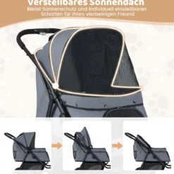 Klappbare Hundewagen bis 25 kg mit Verstellbarem Sonnendach 3 Rad Hundebuggy Grau