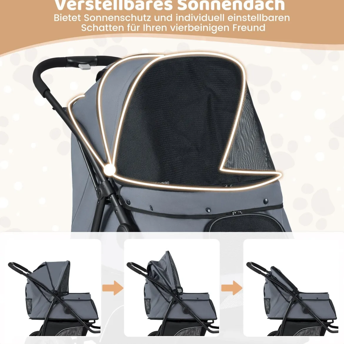 Klappbare Hundewagen bis 25 kg mit Verstellbarem Sonnendach 3 Rad Hundebuggy Grau