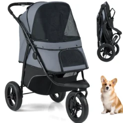 Klappbare Hundewagen bis 25 kg mit Verstellbarem Sonnendach 3 Rad Hundebuggy Grau