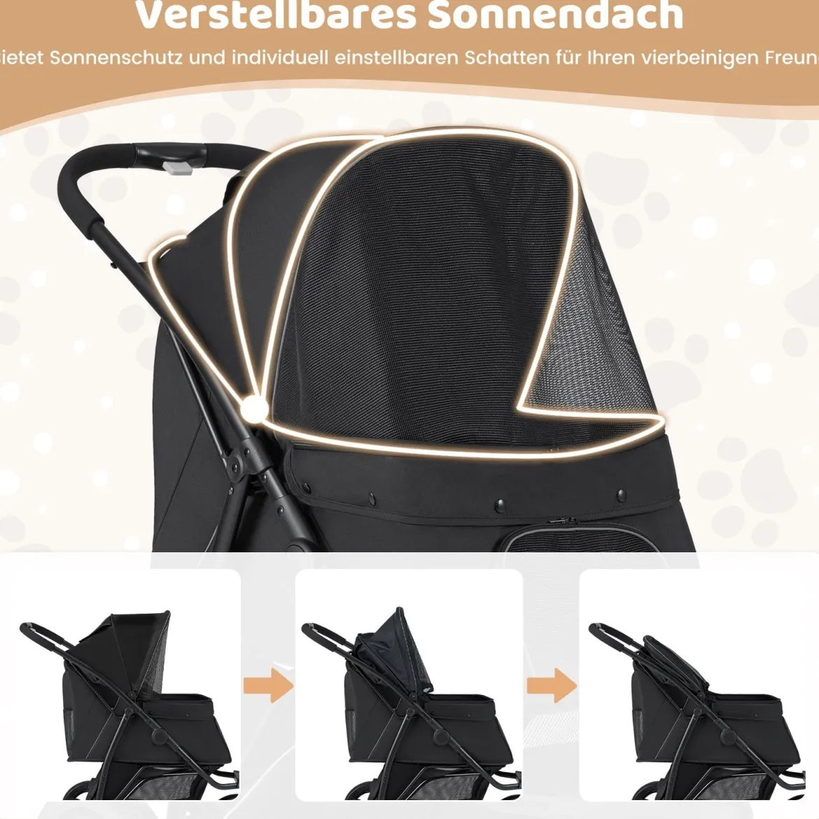 Klappbare Hundewagen bis 25 kg mit Verstellbarem Sonnendach 3 Rad Hundebuggy Schwarz