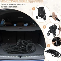 Klappbare Hundewagen bis 25 kg mit Verstellbarem Sonnendach 3 Rad Hundebuggy Schwarz