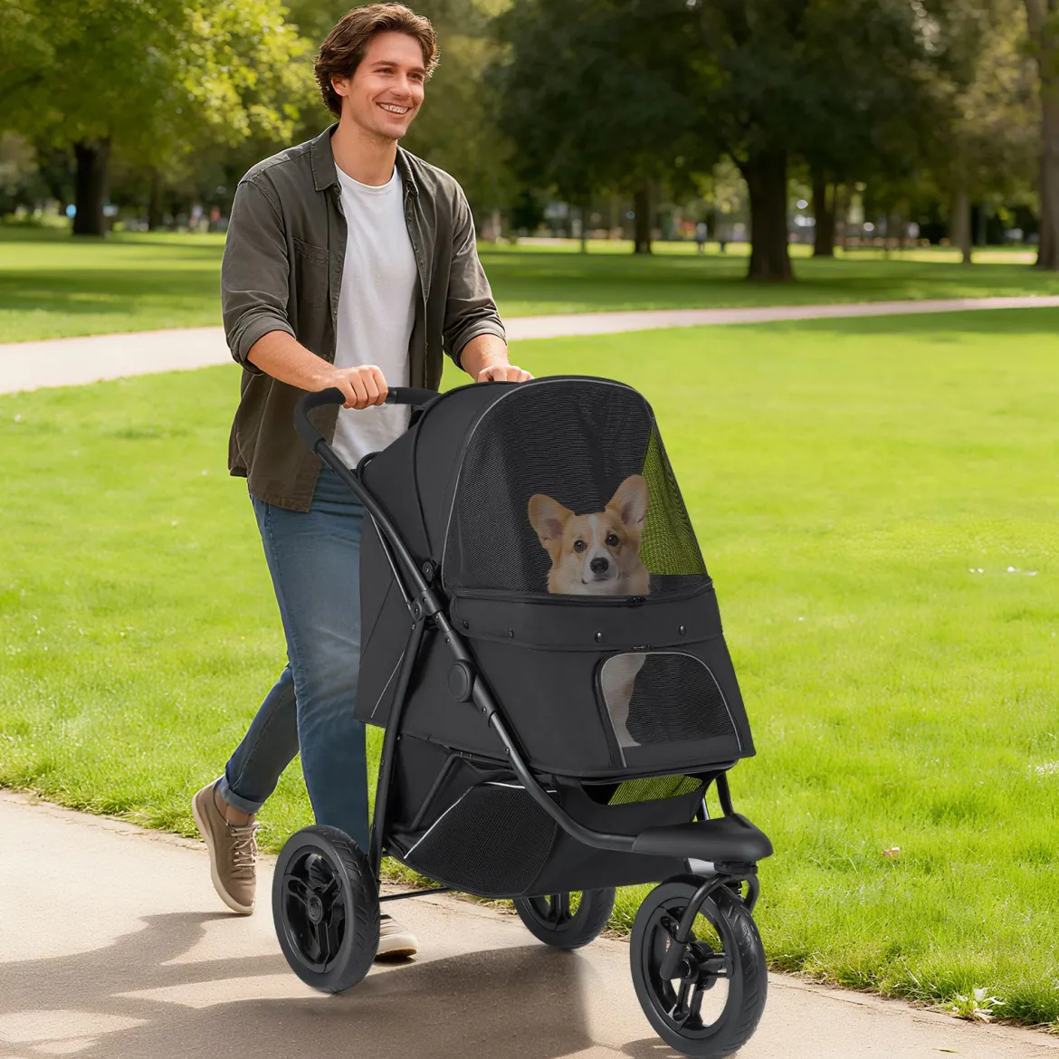 Klappbare Hundewagen bis 25 kg mit Verstellbarem Sonnendach 3 Rad Hundebuggy Schwarz