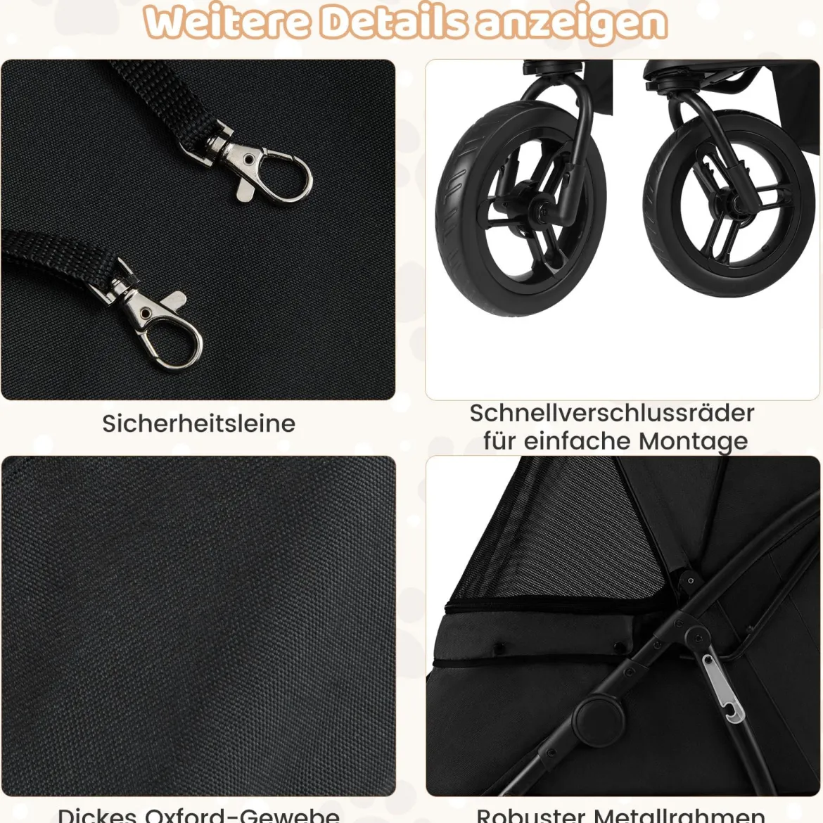 Klappbare Hundewagen bis 25 kg mit Verstellbarem Sonnendach 3 Rad Hundebuggy Schwarz