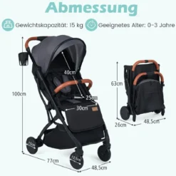 Klappbare Kinderwagen mit Regenschutz & Verstellbarem Rückenlehne & Fußstütze Reisebuggy Grau