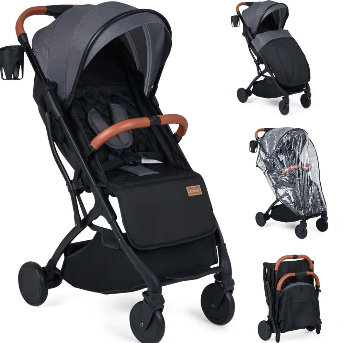 Klappbare Kinderwagen mit Regenschutz & Verstellbarem Rückenlehne & Fußstütze Reisebuggy Grau