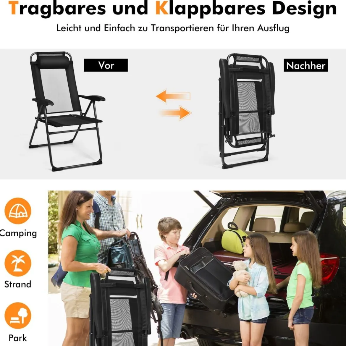 2 Klappbare Liegestühle für die Terrasse 71 x 58,5 x 101,5 cm Schwarz