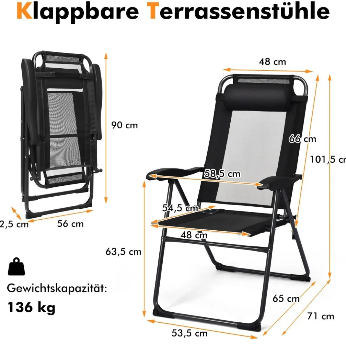 2 Klappbare Liegestühle für die Terrasse 71 x 58,5 x 101,5 cm Schwarz