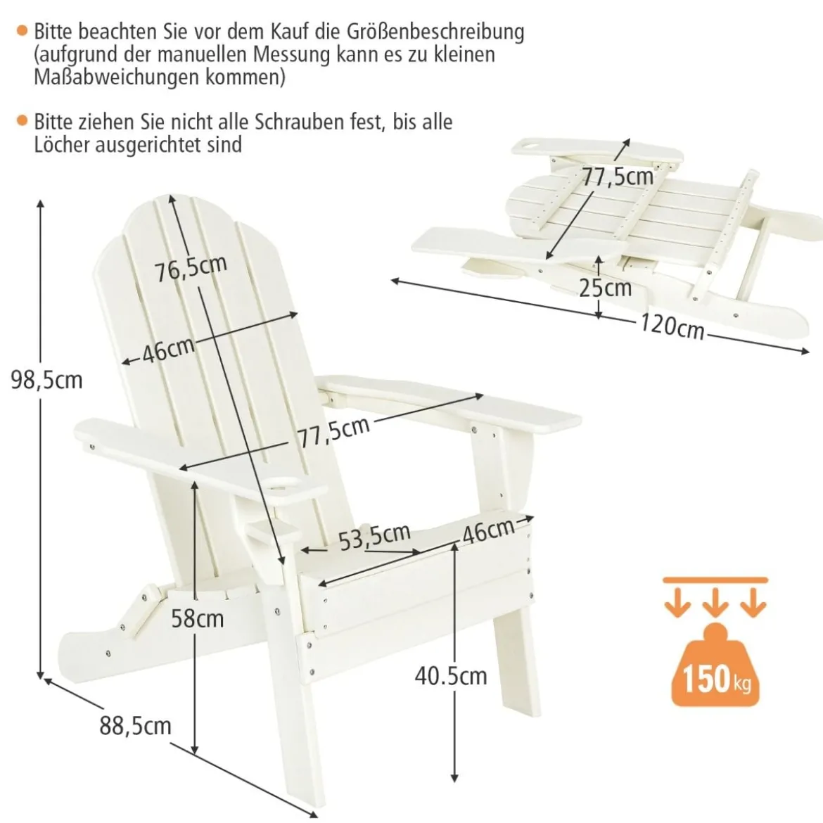 Klappbarer Adirondack-Stuhl Feuerstellenstuhl für Terrasse 88,5 x 77,5 x 98,5 cm Weiß