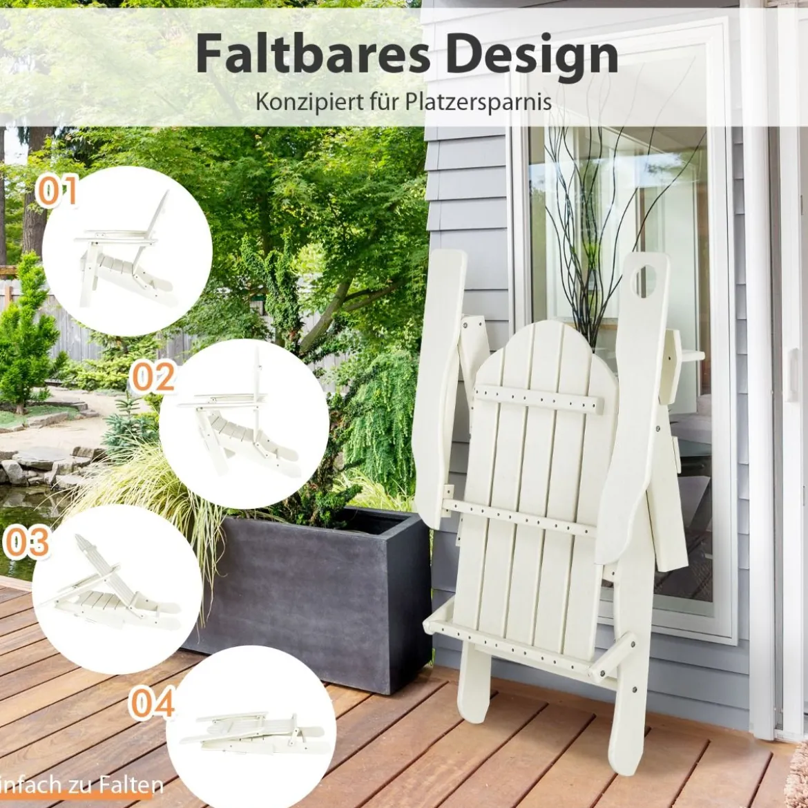 Klappbarer Adirondack-Stuhl Feuerstellenstuhl für Terrasse 88,5 x 77,5 x 98,5 cm Weiß