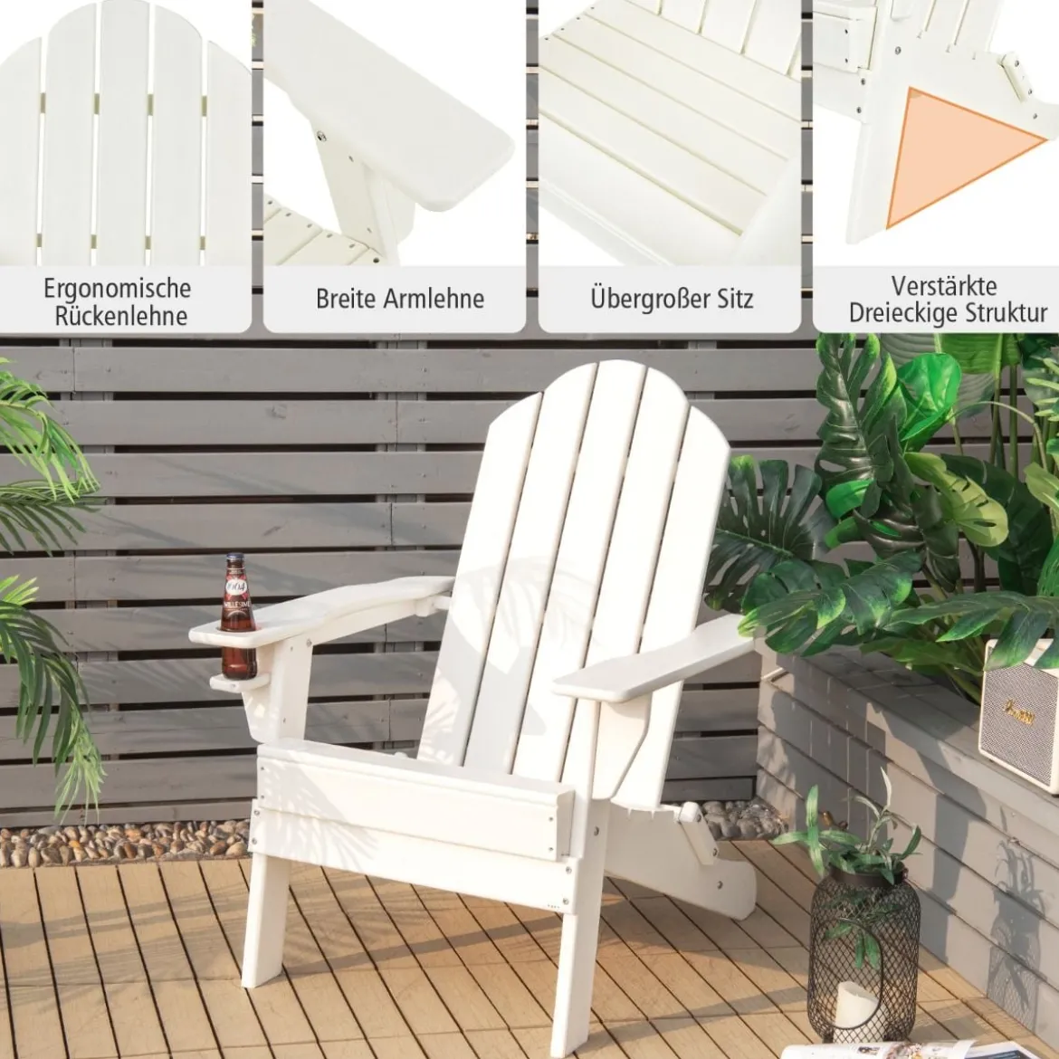 Klappbarer Adirondack-Stuhl Feuerstellenstuhl für Terrasse 88,5 x 77,5 x 98,5 cm Weiß
