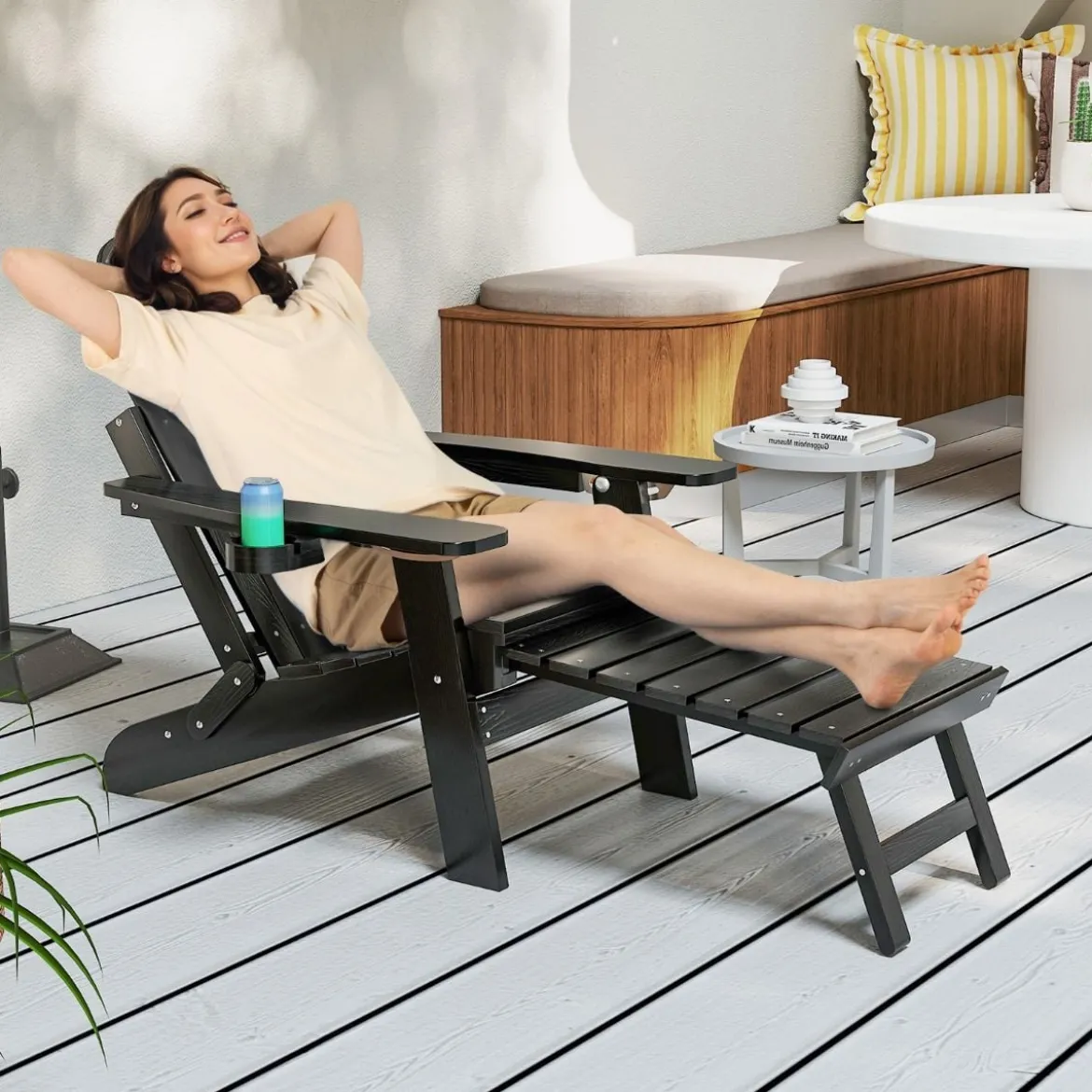 Klappbarer Adirondack Stuhl mit Fußstütze & verstellbarer Rückenlehne Gartensessel mit Getränkehalter Schwarz