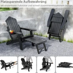 Klappbarer Adirondack Stuhl mit Fußstütze & verstellbarer Rückenlehne Gartensessel mit Getränkehalter Schwarz