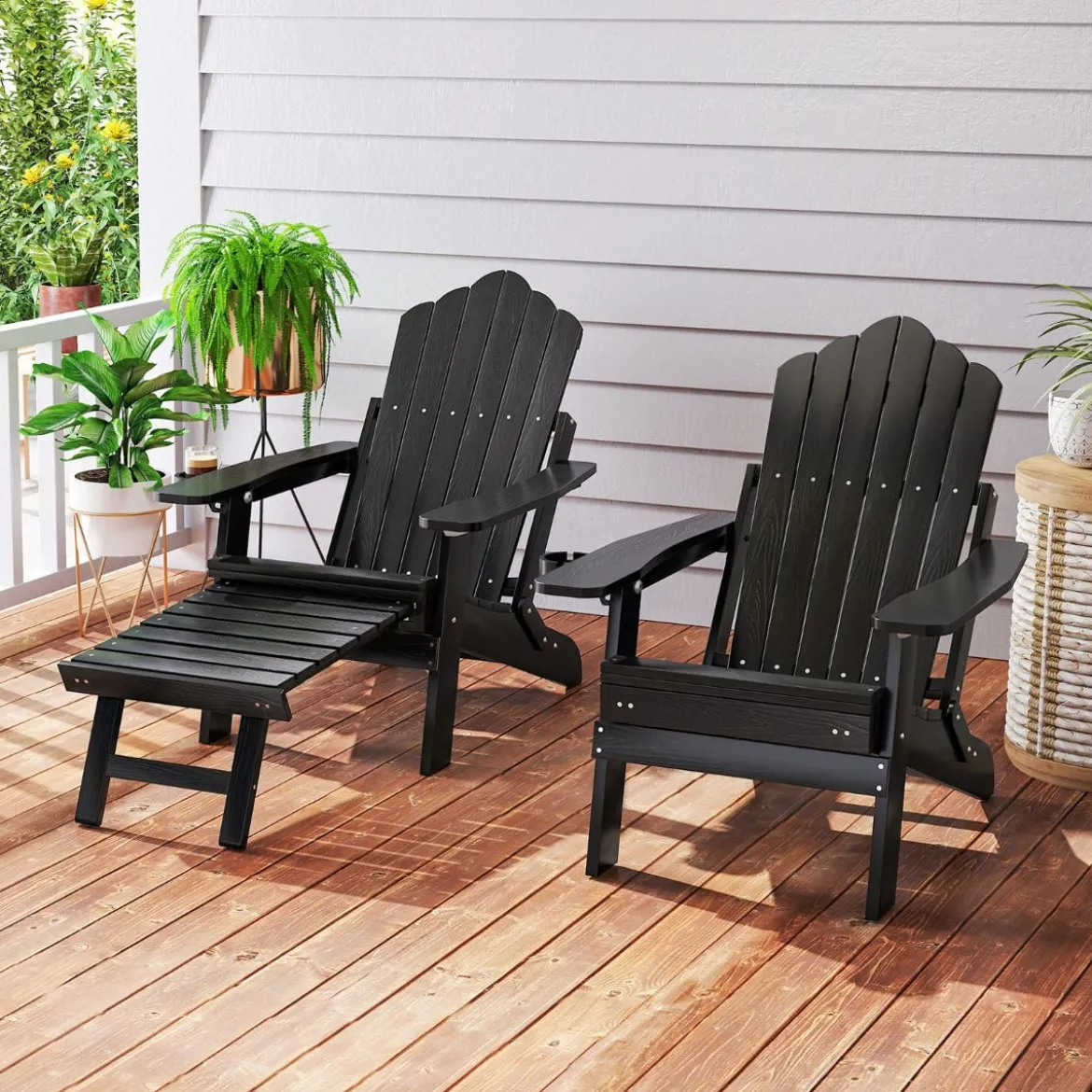 Klappbarer Adirondack Stuhl mit Fußstütze & verstellbarer Rückenlehne Gartensessel mit Getränkehalter Schwarz