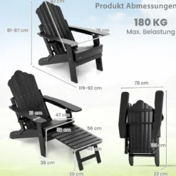 Klappbarer Adirondack Stuhl mit Fußstütze & verstellbarer Rückenlehne Gartensessel mit Getränkehalter Schwarz