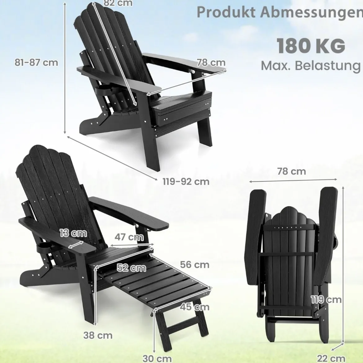 Klappbarer Adirondack Stuhl mit Fußstütze & verstellbarer Rückenlehne Gartensessel mit Getränkehalter Schwarz