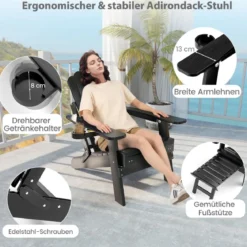 Klappbarer Adirondack Stuhl mit Fußstütze & verstellbarer Rückenlehne Gartensessel mit Getränkehalter Schwarz