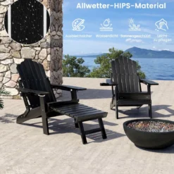 Klappbarer Adirondack Stuhl mit Fußstütze & verstellbarer Rückenlehne Gartensessel mit Getränkehalter Schwarz