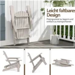 Klappbarer Adirondack Stuhl aus Holz mit 180 kg Tragfähigkeit Gartensessel Braun/Grau