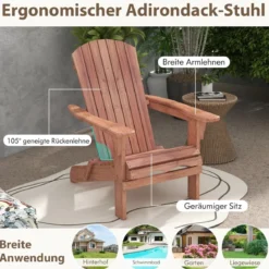Klappbarer Adirondack Stuhl aus Holz mit 180 kg Tragfähigkeit Gartensessel Braun/Grau