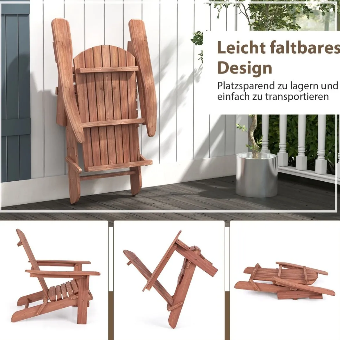 Klappbarer Adirondack Stuhl aus Holz mit 180 kg Tragfähigkeit Gartensessel Braun/Grau