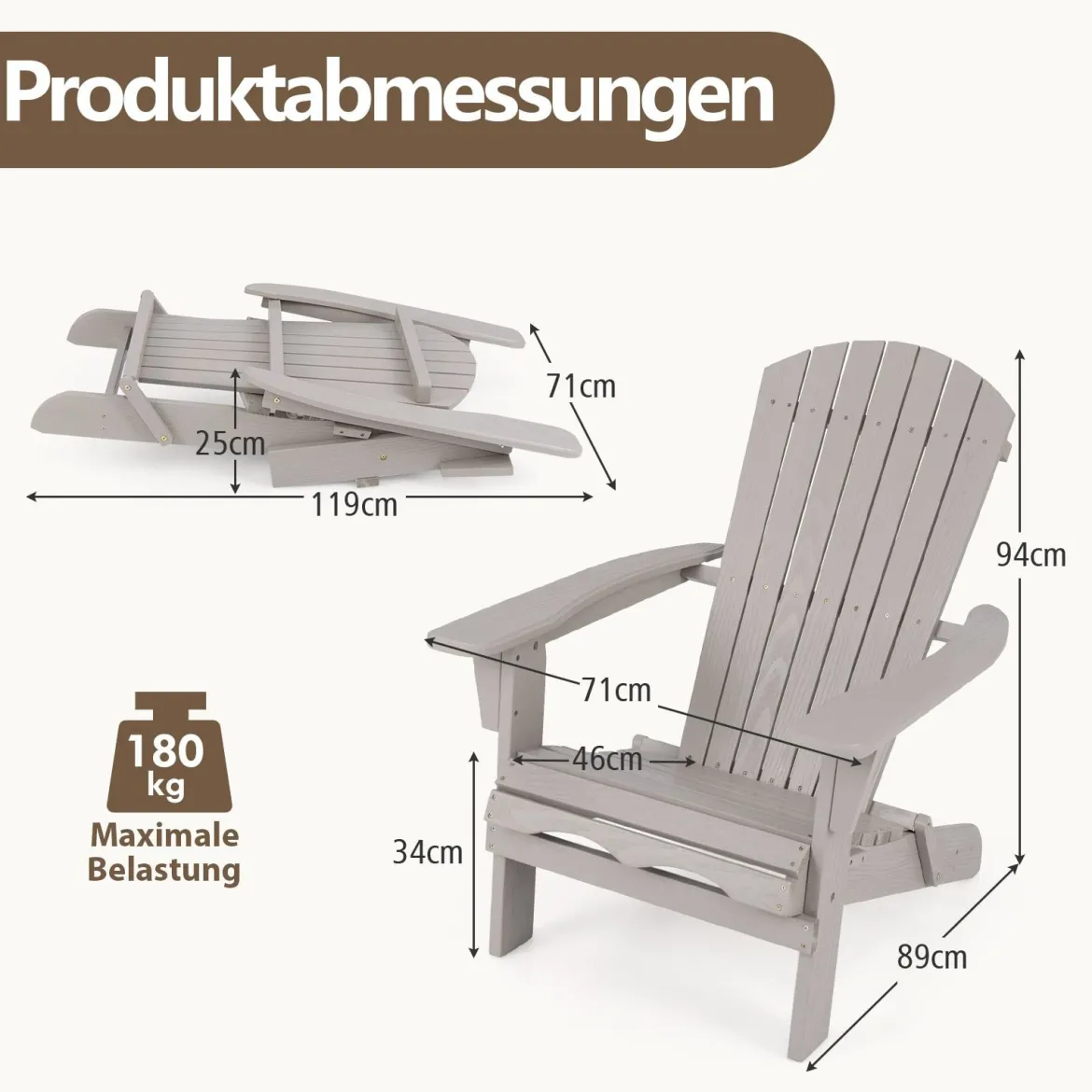 Klappbarer Adirondack Stuhl aus Holz mit 180 kg Tragfähigkeit Gartensessel Braun/Grau