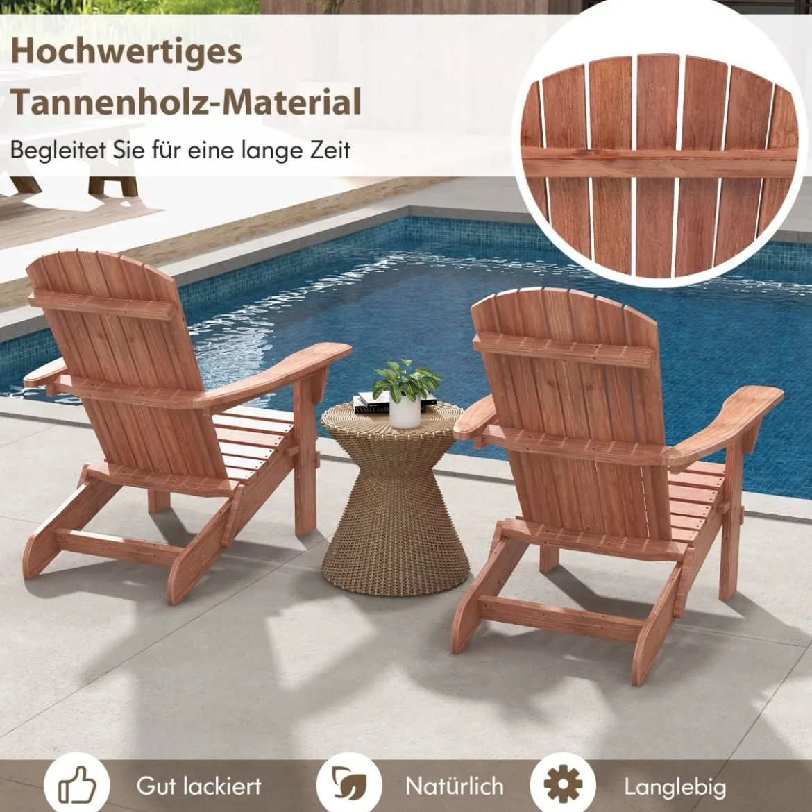 Klappbarer Adirondack Stuhl aus Holz mit 180 kg Tragfähigkeit Gartensessel Braun/Grau