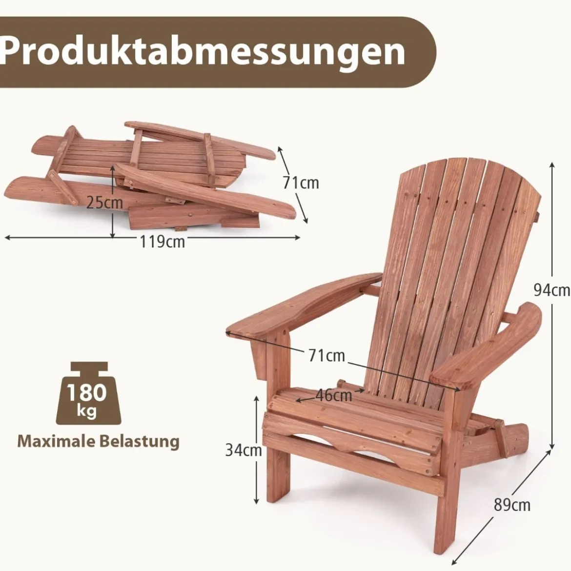 Klappbarer Adirondack Stuhl aus Holz mit 180 kg Tragfähigkeit Gartensessel Braun/Grau