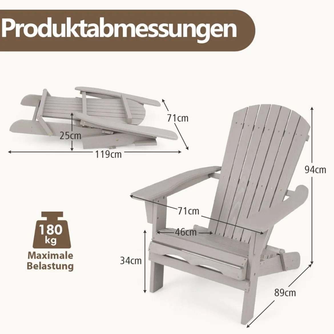 Klappbarer Adirondack Stuhl aus Holz mit 180 kg Tragfähigkeit Gartensessel Braun/Grau