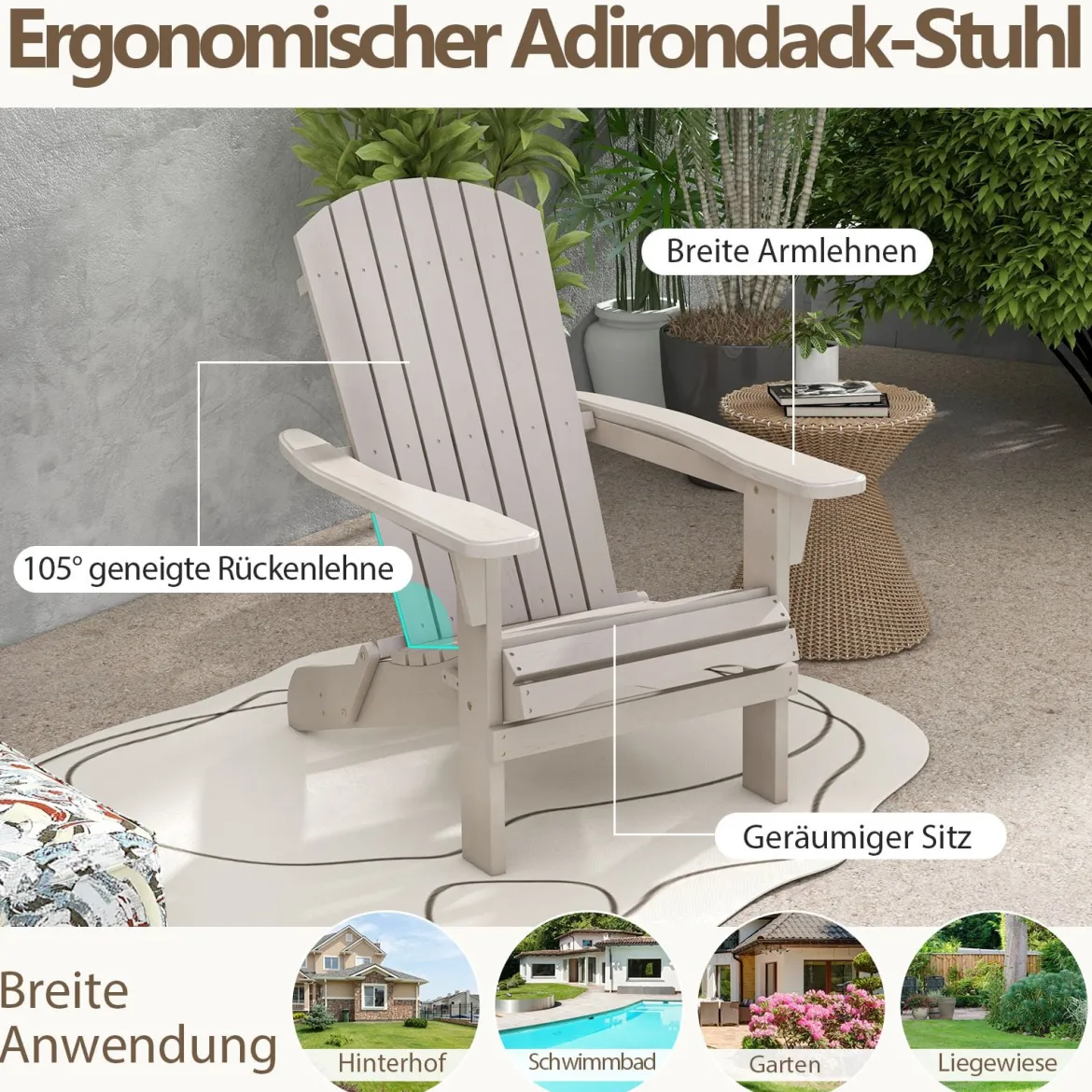 Klappbarer Adirondack Stuhl aus Holz mit 180 kg Tragfähigkeit Gartensessel Braun/Grau
