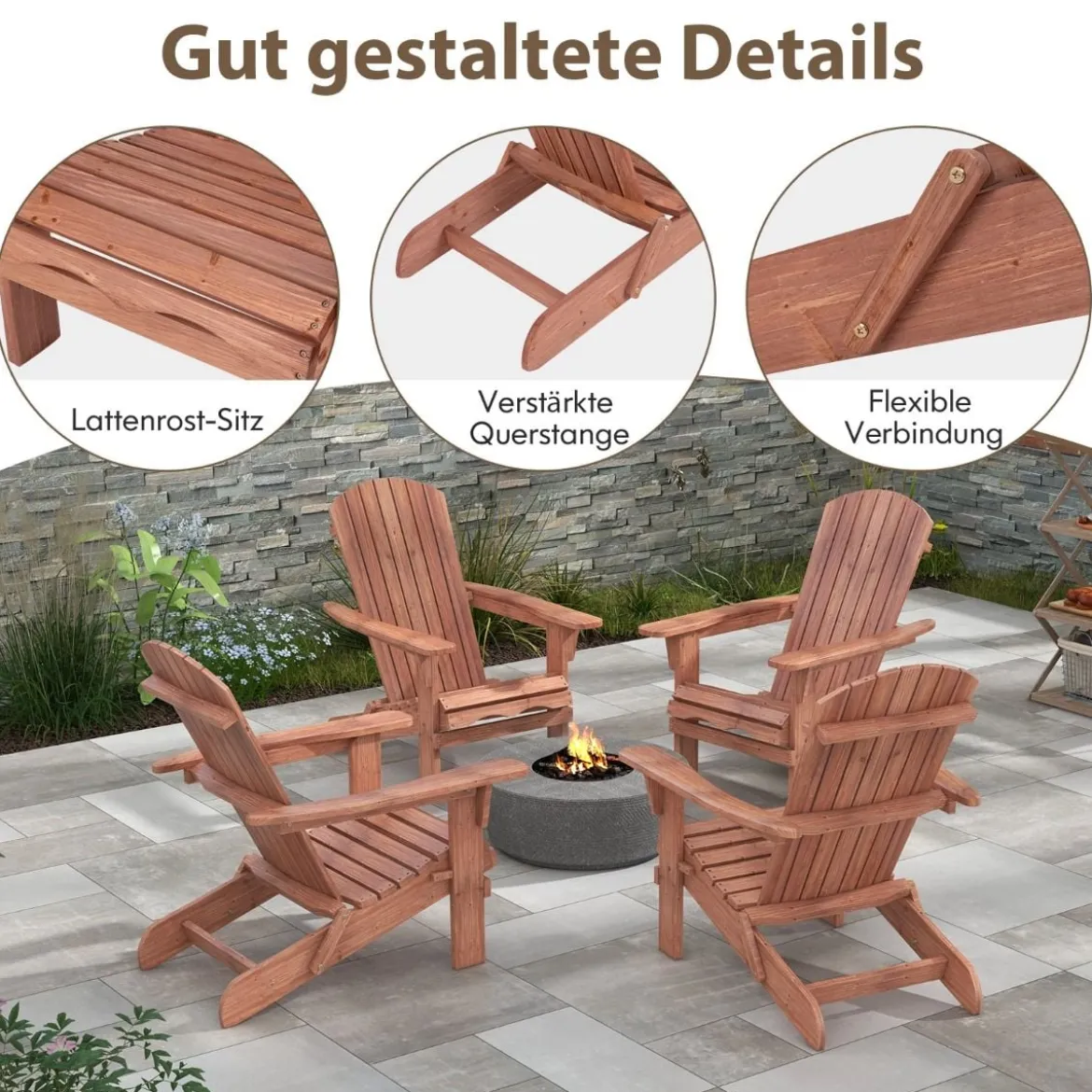 Klappbarer Adirondack Stuhl aus Holz mit 180 kg Tragfähigkeit Gartensessel Braun/Grau