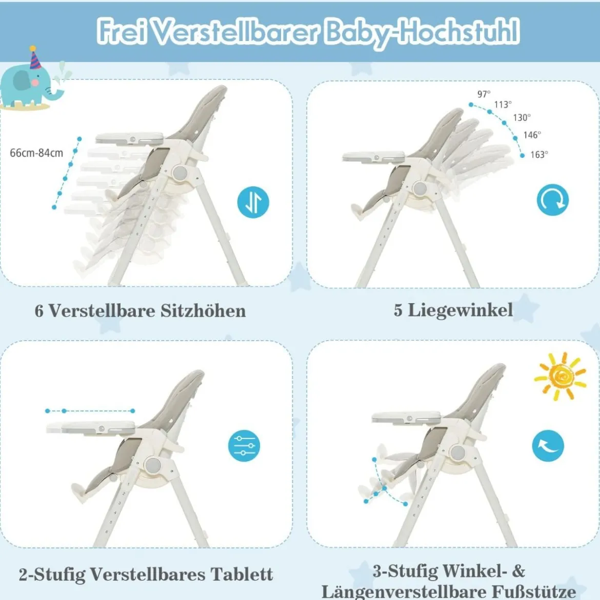 Klappbarer Babyhochstuhl mit 6 Höhen & Abnehmbarem Tablett & PU-Kissen Grau